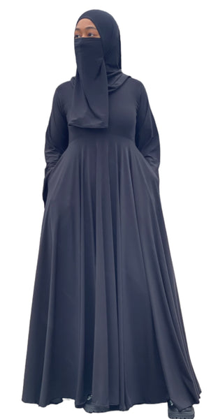 Black Wudu Friendly Full Swing with Pockets, Khimar, and Niqab